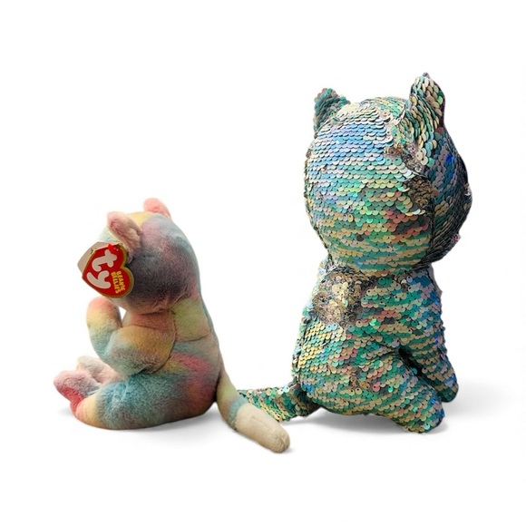 Ty Flippables Whimsy Sequin Cat Plush & Ty Jenni the Rainbow Cat - Picture 8 of 10